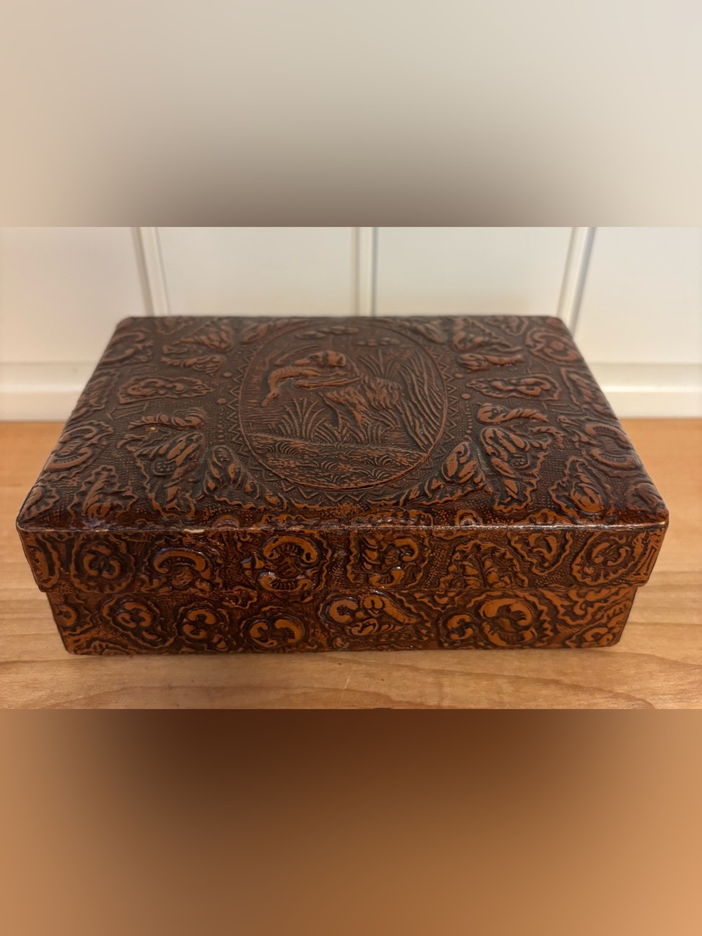 Vintage Tooled Brown Embossed Leather(?) Decorative Box Spanish(?)